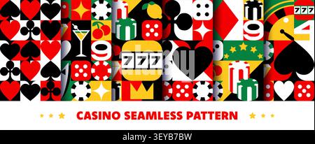 Casino und Glücksspiele nahtlose Muster mit geometrischen Mosaikelementen. Moderne Retro-Hintergründe mit Spielkartenanzügen, Poker-Chips, Würfeln und Slot 777. Roulette-Rad, Cocktail und Kirschen Stock Vektor