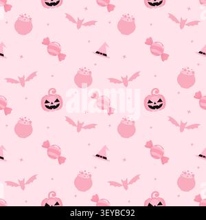 Bezauberndes, nahtloses Muster mit rosa Halloween-Symbolen wie Kürbissen, Fledermäusen, Hexenhüten und Zauberkesseln. Ideal für gruselige Season-Tapeten, Geschenke Stock Vektor