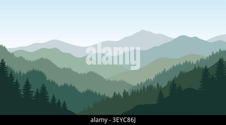 Wunderschöne grüne Landschaft mit Berggipfeln, Kiefernwald Silhouette und Morgennebel. Vektor-Illustration der natürlichen friedlichen Landschaft im Freien. Stock Vektor