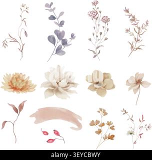 Aquarell Herbst Botanicals Elemente Set, Vektor Hygge Blumen Clip Art, getrocknete Blumen, Zweige, Beeren, Pastell Boho Hochzeit illustrationsю Vektor. Stock Vektor