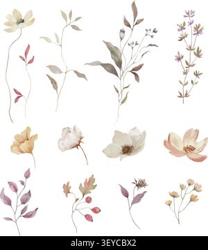 Aquarell Herbst Botanicals Elemente Set, Vektor Hygge Blumen Clip Art, getrocknete Blumen, Zweige, Beeren, pastellfarbene Boho Hochzeit Illustrationen. Vektor. Stock Vektor