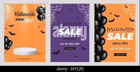 Set aus drei Halloween-Postern mit Fledermäusen, Spinnennetzen, Ballons und auffälligem Text, der festliche Rabatte ankündigt Stock Vektor