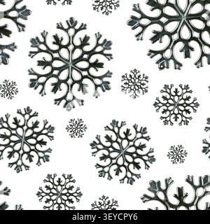 Silbernes metallisches Schneeflocken nahtloses Muster isoliert auf weißem Hintergrund Winter festliche Textur Stockfoto