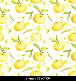 Gelbe Yuzu-Früchte und grüne Blätter Aquarell nahtloses Muster Illustration für Geschenkpapier, Stoff, Tapete, Briefpapier, Verpackung, Notizbuchcovers, Textilien und digitale Papierprodukte. Stockfoto