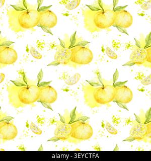 Gelbe Yuzu-Früchte, Zitrus-Scheiben und grüne Blätter Aquarell nahtloses Muster Clipart für Briefpapier, Geschenkpapier, Textildruck, Lebensmittelverpackungen, Notizbücher, Etiketten und Oberflächendesign. Stockfoto