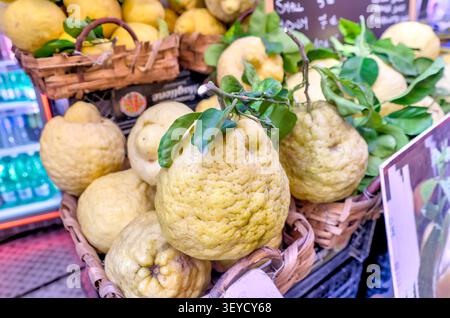 Frische Zitronen aus Sorrent werden an einem Marktstand in Sorrent, Kampanien, Italien, zum Verkauf angeboten. Stockfoto