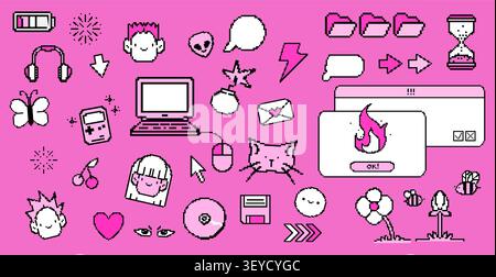 Pixel Art Sticker Set mit Y2K Ikonen, Retro Spiel Elemente, Vektor Illustration isoliert auf Hintergrund. Digitales Design mit Herz, Akku, Katze, Schmetterling, cd und Mappen. Nostalgische 90er Jahre Computer-ui-Grafik Stock Vektor