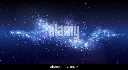 Sternenhimmel Hintergrund mit leuchtenden Sternen, kosmischem Staub und blauen Nebelwolken, abstrakte Vektorillustration. Magische Raumatmosphäre, realistischer Glitzereffekt und fallender oder fliegender Meteor Stock Vektor