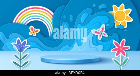 Wasser spritzen Podium mit Papier geschnittenen Schichten Wellen und blauem Himmel Hintergrund mit Regenbogen, Vektor-Illustration. Produktpräsentation, abstrakter Origami-Stil mit Tröpfchen, Sonne, Blumen und fliegenden Schmetterlingen Stock Vektor