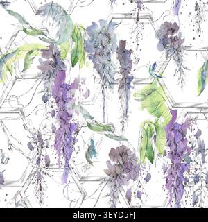 Nahtloses Muster von Glyzinen, violetten Blüten, grünem Blattwerk auf sechseckigen geometrischen Holzspalieren. Bleistift und Aquarell handgezeichnet Stockfoto
