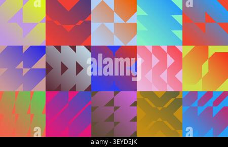 Abstrakter Hintergrund mit verlaufenen Brutalismus-Quadraten, postmodernes dynamisches Muster mit bunten Halbtönen, Deckschablone mit hellem geometrischem Ornament Stock Vektor