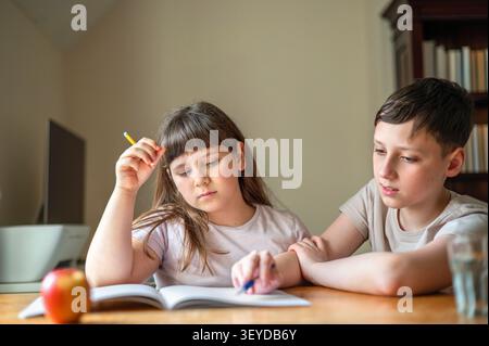 Bruder und Schwester konzentrieren sich auf Schularbeit Stockfoto