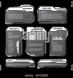 Weißes futuristisches HUD, UI-Elemente. Textfelder der SCI-fi-Benutzeroberfläche, Beschreibungen. Vorlage für Warnmeldungen und Informationsfelder. Modernes Spiel Stock Vektor