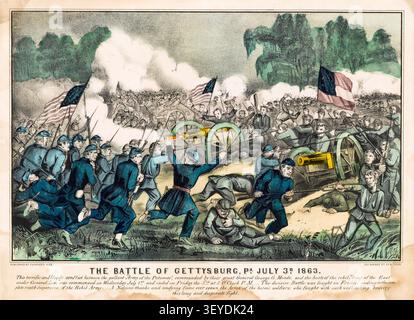 The Battle of Gettysburg, PA, 3. Juli 1863, Lithografie des Amerikanischen Bürgerkriegs von Currier & Ives, 1863 Stockfoto