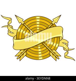 Majestätisches, glänzendes Golddesign eines Pfeils im Bullseye, umgeben von einem eleganten Band. Steht für erstklassigen Erfolg, Wohlstand und hohen Status beim Erreichen Stock Vektor
