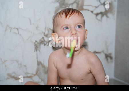 Blick von oben auf eine frische grüne Bio-Zucchini und einen Metall-Gemüseschäler auf einem hölzernen Schneidebrett über einer Marmoroberfläche. Frisch zubereiten Stockfoto