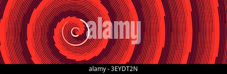 Hypnotischer kreisförmiger Vinylwirbelhintergrund mit roten konzentrischen Ziellinien und dunkel kastanienbraunen geometrischen Orbitalradarringen, abstrakte Spiralstr Stock Vektor