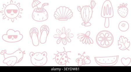 Sommer-Doodles mit niedlichen Blumen- und Strandelementen. Handgezeichnete rosa Symbole, Line Art tropische Früchte, Blumen, Muscheln, Tiere und Marine Clipart Collec Stock Vektor