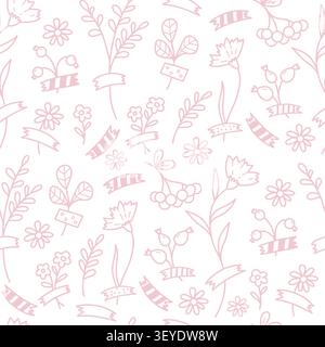 Hagebutte, Rowan und Wildblumen nahtloses Muster. Rosa Umriss botanische Elemente, Blumen und Beeren auf weißem Hintergrund. Linie Art.. Handgezeichnet. Vecto Stock Vektor