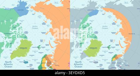 Die Region des Arktischen Ozeans, geografische Position des Nordpols der Erde, farbige politische Karte mit Ländern und Hauptstädten der Arktis Stock Vektor