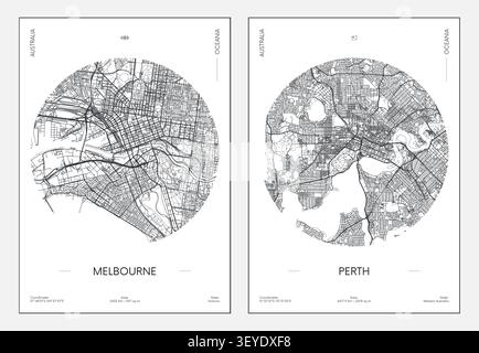 Reisen Sie detailliertes Stadtplakat, Straßenkarte von Melbourne und Perth, australische Städte im Kreis, druckbare Vektorkarte in Schwarzweiß Stock Vektor
