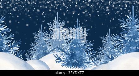 Ein handgezeichneter, nahtloser horizontaler Rand mit verschneiten Tannen auf Hügeln unter Schneefall. Schöner Winter Nacht Wald Hintergrund mit Kiefern Stockfoto