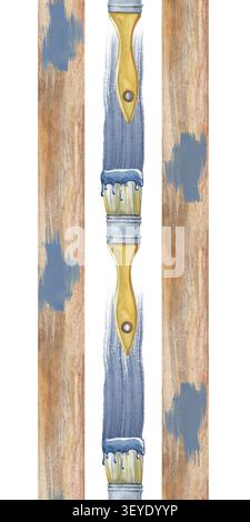 Eine handgezeichnete Aquarellillustration einer vertikalen nahtlosen Bordüre, die künstlerische Pinselstriche mit texturierten Holzplanken kombiniert. Kreative Wiederholung Stockfoto