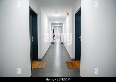 Langer Korridor mit Eingangstüren in einem modernen Wohngebäude. Saubere gemeinsame Bereiche spiegeln die organisierte Immobilienverwaltung und wider Stockfoto