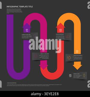 Professionelle Infografik mit 5 Schritten für Geschäftspräsentationen. Dieses farbenfrohe Infografik-Design verfügt über einen gekrümmten Pfad mit Pfeilen zur Visualisierung eines W Stock Vektor