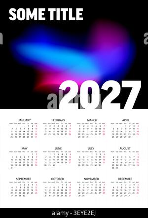 Eine jährliche Kalendervorlage für 2027 mit einem leuchtenden Nebelhintergrund. Dieser stilvolle Kalender für 2027 umfasst alle zwölf Monate mit einem übersichtlichen Layout auf einem Stock Vektor