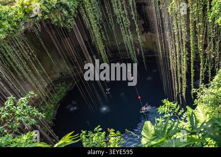 Blick aus einem hohen Winkel auf die berühmte Ik Kil Cenote, ein tiefes natürliches Kalksteinbecken mit hängenden Weinstöcken und Schwimmern in der Nähe von Chichen Itza in Yucatan, Mexiko. Stockfoto