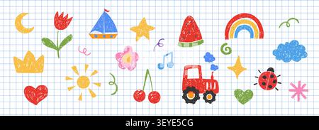 Kreide-Scribble Set kindliche Elemente, Buntstift Textur Bleistift Kindergarten Kritzelsymbole. Vorschulkäfer, Sterne, Blumen, Spiele im Skizzenstil. Mond, Sonne, heller Regenbogen, Kirsche. Vektorabbildung Stock Vektor