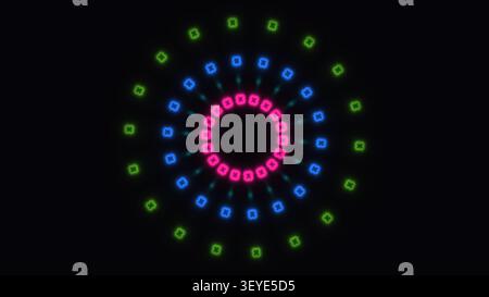 Dieses Design verfügt über eine kreisförmige Anordnung aus leuchtenden grünen, blauen und rosa Formen vor dunklem Hintergrund. Das Muster sorgt für eine beeindruckende Optik Stockfoto