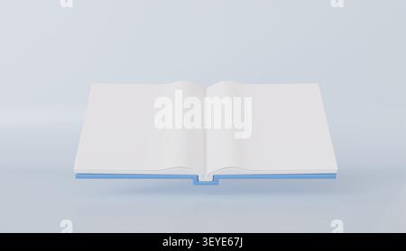 Offenes leeres Buch mit hellblauem Einband, minimalistisches Design für Bildung oder Lesekonzept Stockfoto