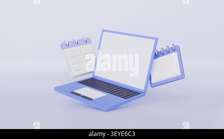 Laptop und Kalender Planen Sie Ihren Zeitplan leer auf pastellfarbenem Hintergrund Stockfoto