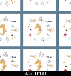 Niedliches nahtloses Seepferdchen-Muster im Doodle-Stil. Handgezeichnete Vektor-Illustration von Meeresbewohnern und Pflanzen, Korallen, Unterwasserbewohnern. Kinderkrankenschwester Stock Vektor