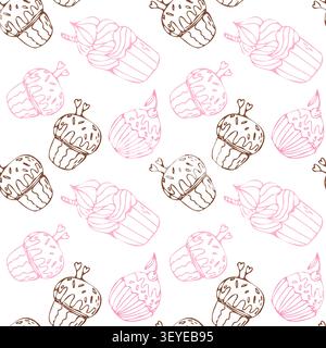 Handgezeichnetes rosa und braunes Cupcake-Muster mit Muffinglasur, Kirsche. Bäckerei-Süßwarendessert, Umrissmuster auf weißem Hintergrund. Vintage-Cupcake-Textur, süßes Gebäck-Hintergrund. Vektor-Skizzenillustration. Stock Vektor