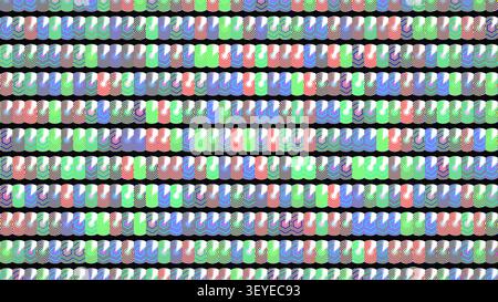 Dieses Bildmaterial zeigt eine Reihe von bunten wellenförmigen Mustern, die in einem sich wiederholenden Layout angeordnet sind. Das Design zeichnet sich durch leuchtende Rot-, Blau-, Grün- und Weißtöne aus Stockfoto