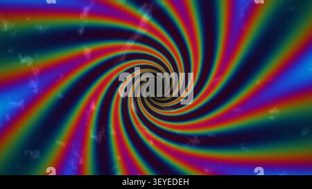 Dieses Design verfügt über ein lebendiges Spiralmuster mit einer Mischung aus Farben vor dunklem Hintergrund und erzeugt einen dynamischen visuellen Effekt. Das Muster zeichnet den Stockfoto