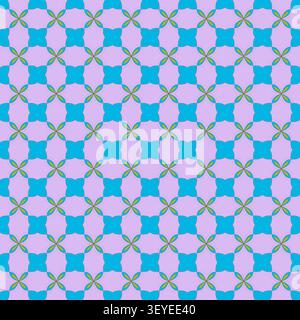 Elegantes geometrisches nahtloses Retro-Muster mit türkisfarbenen Fliesen und Blumenmotiven auf weichem rosa Hintergrund. Stockfoto