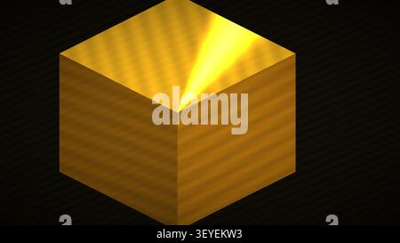 Ein goldener Würfel sitzt vor einem dunklen Hintergrund und weist scharfe Kanten auf, die das Licht reflektieren. Die Oberfläche zeigt komplizierte Muster an, die Textur zum hinzufügen Stockfoto