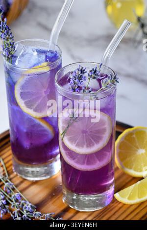 Zwei Highball-Gläser mit leuchtendem lila Lavendellimonade, garniert mit frischen Lavendelzweigen, Zitronenscheiben und Eiswürfeln, serviert mit Glas Stockfoto