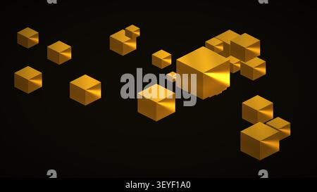 Eine Sammlung goldener Würfel in verschiedenen Größen wird auf einem schwarzen Hintergrund angezeigt. Die glänzenden Oberflächen reflektieren das Licht und erzeugen eine klare Form Stockfoto