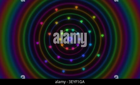 Dieses Design verfügt über farbenfrohe konzentrische Kreise mit kleinen Herzformen, die in einem spiralförmigen Muster angeordnet sind. Die leuchtenden Farben sorgen für einen lebendigen und verspielten Look Stockfoto