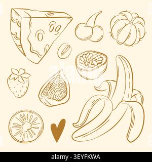 Handgezeichnete tropische und sommerliche Früchte, Banane, Wassermelone, Feige, Passionsfrucht im Line-Art-Stil für Verpackung, Zutaten, Menü Stock Vektor