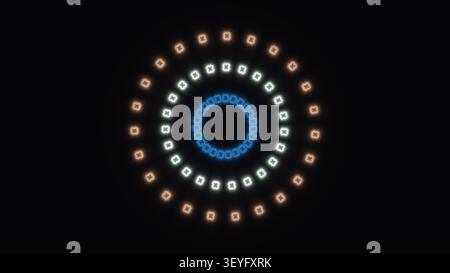 Dieses statische Bild zeigt eine kreisförmige Anordnung leuchtender Lichter in verschiedenen Farben vor einem dunklen Hintergrund, wodurch ein beeindruckender visueller Effekt entsteht. Stockfoto