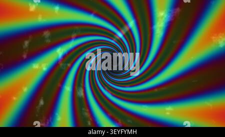 Ein spiralförmiges Design mit abwechselnden Bändern in hellen Farben erzeugt einen dynamischen visuellen Effekt. Das farbenfrohe Muster zieht das Auge auf sich und fängt die Aufmerksamkeit auf Stockfoto