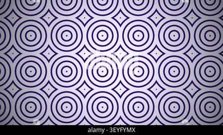 Dieses Design zeigt ein sich wiederholendes Muster aus Kreisen und Rautenformen in Lila auf hellem Hintergrund. Das geometrische Layout erzeugt ein rhythmisches visuelles Bild Stockfoto