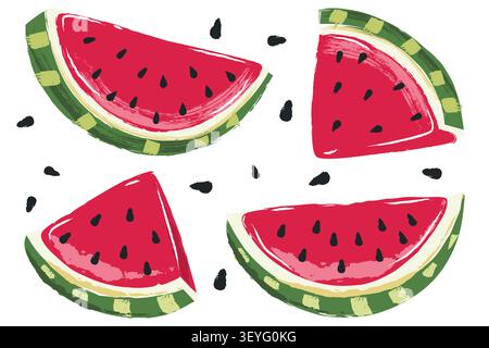 Vektor Aquarell Wassermelone Früchte Set. Handgezeichnete rote Wassermelonenscheiben Illustration. Trendige, isolierte Vintage-Designelemente mit Fruchtkeilen und Stock Vektor