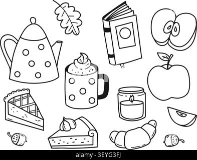 Kuscheliges Herbstdudel-Set. Handgezeichnete Herbstessen- und Getränkesammlung mit Teekanne, Kaffeetasse, Kuchen, Croissant, Äpfeln, Buch, Kerze und Acorn. Vektorbeleuchtung Stock Vektor